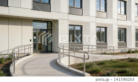 Modern building entrance with accessible ramp and contemporary facade design 141590203