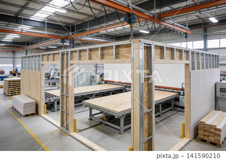 Modern factory producing prefabricated building components for construction Modern factory producing prefabricated building components for construction 141590210