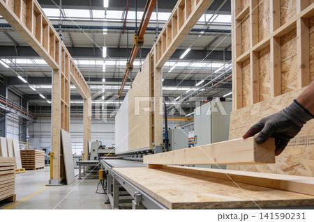 Modern factory producing prefabricated wooden wall panels for construction 141590231