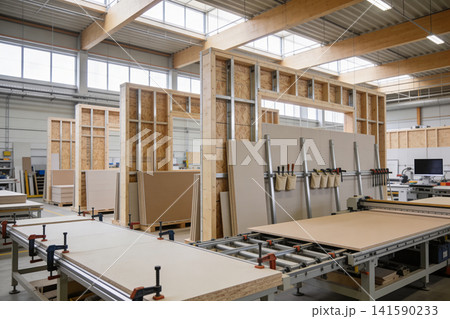 Modern construction workshop with timber framing and panel materials 141590233