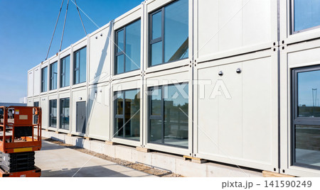 Modular office units being stacked and assembled on a construction site Modular office units being stacked and assembled on a construction site 141590249