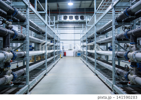 Industrial facility with rows of pipes and storage racks Industrial facility with rows of pipes and storage racks 141590283