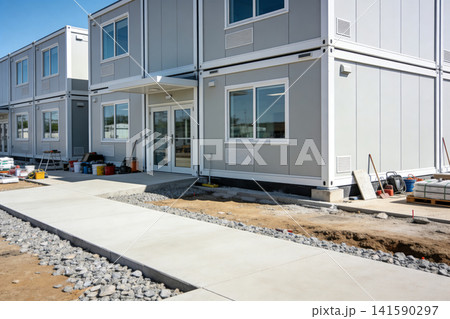 Modular building construction site with temporary structures and materials Modular building construction site with temporary structures and materials 141590297