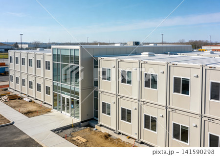 Modern modular building constructed from stacked shipping containers Modern modular building constructed from stacked shipping containers 141590298