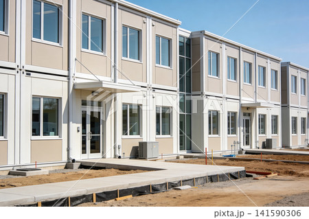 Modern modular building exterior with clean lines and large windows under blue sky Modern modular building exterior with clean lines and large windows under blue sky 141590306