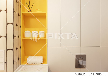 Close-up of stylish shelves in the bathroom. A bright accent on the yellow color of the furniture. Modern interior. Close-up of stylish shelves in the bathroom. A bright accent on the yellow color of the furniture. Modern interior. 141590585