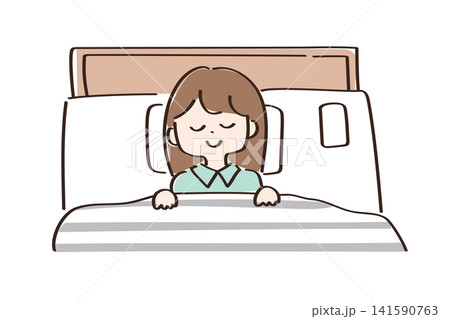 ベッドで眠る女の子のかわいい手書きイラスト 141590763