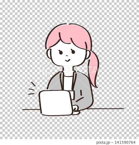 A female office worker operating a laptop with a smile. A female office worker operating a laptop with a smile. 141590764