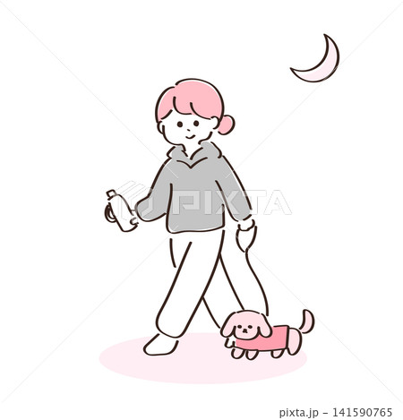 夜に犬のお散歩をする女性のベクターイラスト 夜に犬のお散歩をする女性のベクターイラスト 141590765