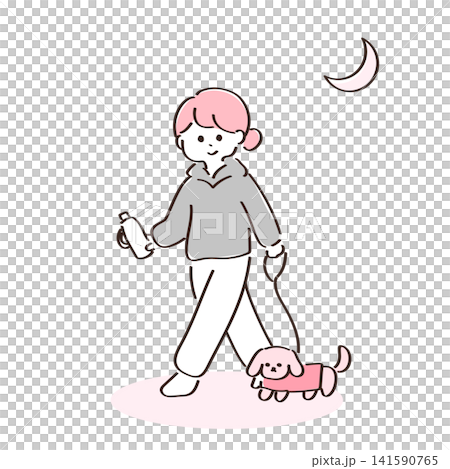 Vector illustration of a woman walking her dog at night Vector illustration of a woman walking her dog at night 141590765