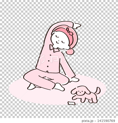 Cute vector illustration of a woman stretching and a dog playing with a toy. Cute vector illustration of a woman stretching and a dog playing with a toy. 141590769