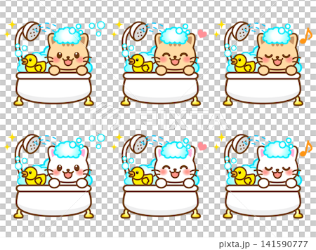 A set of illustrations of a cat taking a bath (3 illustrations) A set of illustrations of a cat taking a bath (3 illustrations) 141590777