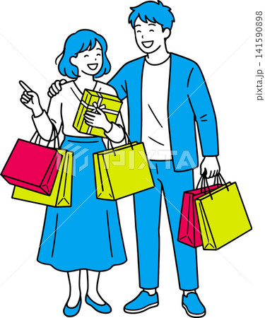 ショッピングバッグを持って買い物を満喫する若い男女カップルのシンプルなフラットベクターイラスト|セー ショッピングバッグを持って買い物を満喫する若い男女カップルのシンプルなフラットベクターイラスト|セー 141590898