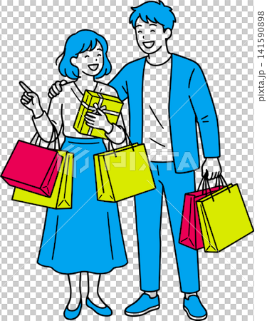 ショッピングバッグを持って買い物を満喫する若い男女カップルのシンプルなフラットベクターイラスト|セー ショッピングバッグを持って買い物を満喫する若い男女カップルのシンプルなフラットベクターイラスト|セー 141590898