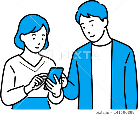 スマートフォンの画面を確認しながら情報共有や会話をする若い男女のシンプルなフラットベクターイラスト｜ 141590899