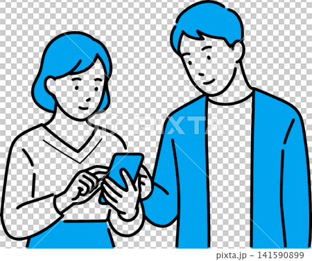スマートフォンの画面を確認しながら情報共有や会話をする若い男女のシンプルなフラットベクターイラスト｜ 141590899