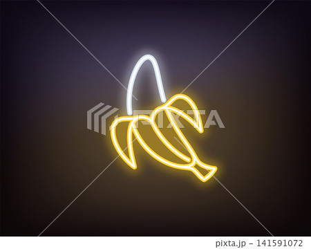 Outline neon banana, yellow white. Neon banana fruit with opened peel, outline silhouette. Ripe tropical fruit, banana garden, organic food, fruit diet, summer vitamins, health food. Vector Outline neon banana, yellow white. Neon banana fruit with opened peel, outline silhouette. Ripe tropical fruit, banana garden, organic food, fruit diet, summer vitamins, health food. Vector 141591072