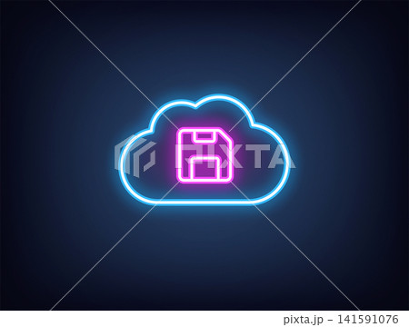 Outline neon cloud storage, blue magenta. Neon cloud with diskette icon, cloud technology and security. Remote data storage, file save backup server, virtual database for safe update. Vector 141591076