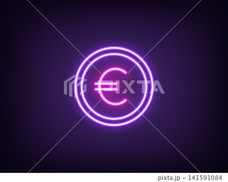 Outline neon euro coin, violet magenta. Neon coin with euro sign, outline token. EUR currency, digital money token, financial market and trade, money earn, finance budget, bank cash. Vector Outline neon euro coin, violet magenta. Neon coin with euro sign, outline token. EUR currency, digital money token, financial market and trade, money earn, finance budget, bank cash. Vector 141591084