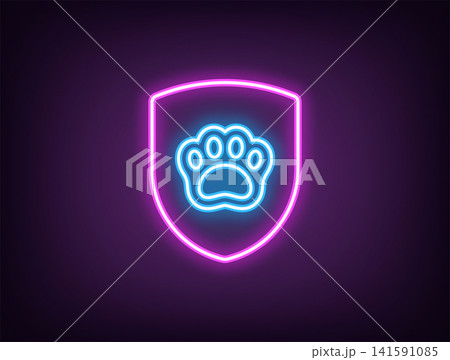 Outline neon animal protection, magenta blue. Neon security shield with animal paw sign. Pet life insurance, cats and dogs shelter, medical aid, animal protection community, pet care. Vector 141591085