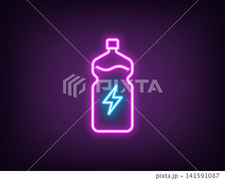 Outline neon energy drink, magenta blue. Neon water bottle with lightning icon, electrolytes drink. Hydration, liquid sport supplement, isotonic, health energy and electrolyte balance. Vector 141591087