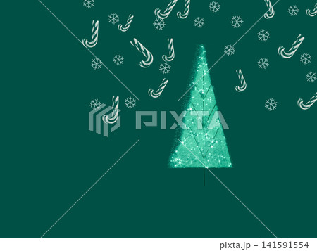 Sparkling Christmas tree on Candy cane Christmas decoration border green background 141591554
