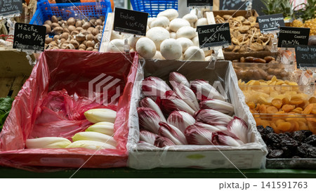 many red endive and belgian endive on the bucket of market in avignon, france many red endive and belgian endive on the bucket of market in avignon, france 141591763