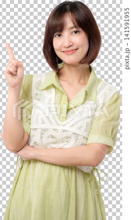 Cheerful asian woman points upward with confident smile, offering friendly suggestion Cheerful asian woman points upward with confident smile, offering friendly suggestion 141591955