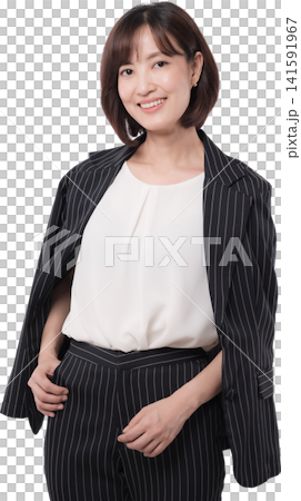 Joyful asian woman smiles confidently dressed smartly in modern corporate business fashion Joyful asian woman smiles confidently dressed smartly in modern corporate business fashion 141591967
