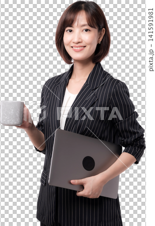 Smiling young asian woman expressing joy, holding ceramic mug and gray notebook computer, ready for work Smiling young asian woman expressing joy, holding ceramic mug and gray notebook computer, ready for work 141591981