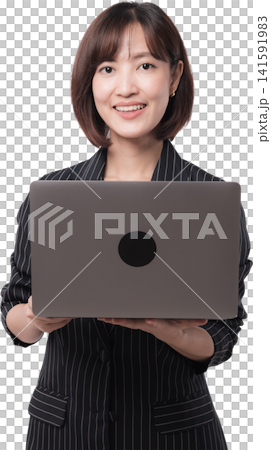 Cheerful asian woman proudly presents modern portable computer. She smiles happily demonstrating technology and digital Cheerful asian woman proudly presents modern portable computer. She smiles happily demonstrating technology and digital 141591983