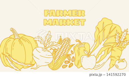 Minimalist yellow line art illustration for Farmer Market banner. Features silhouettes of pumpkin, corn, apple, and carrot. Vintage style for organic local food and healthy harvest design. 141592270