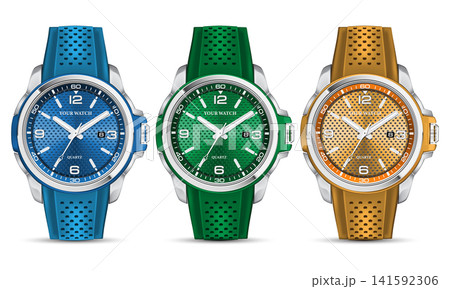 Realistic steel watch chronograph blue green yellow set collection rubber strap on white background design modern luxury for men fashion vector Realistic steel watch chronograph blue green yellow set collection rubber strap on white background design modern luxury for men fashion vector 141592306