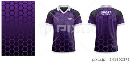 Sport T-Shirt mockup purple black hexagon mesh pattern on white front and back view design vector 141592371