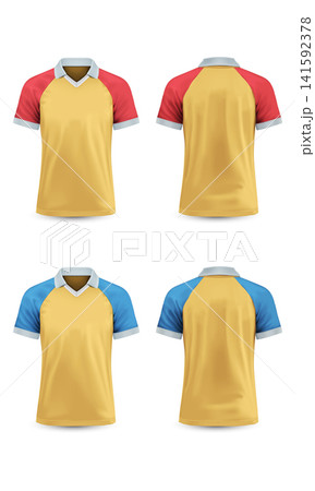 Realistic White T-Shirt sport mockup red blue yellow set collection vector illustration. Realistic White T-Shirt sport mockup red blue yellow set collection vector illustration. 141592378