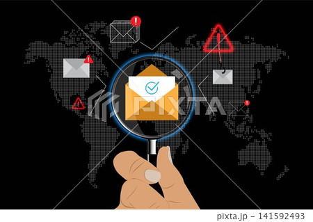 Inspecting verified email amid suspicious messages concept. Phishing detection, Security alerts, Cybersecurity monitoring, Secure communication, Digital trust management. Inspecting verified email amid suspicious messages concept. Phishing detection, Security alerts, Cybersecurity monitoring, Secure communication, Digital trust management. 141592493