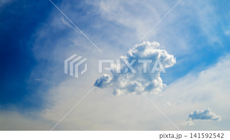 single white cumulus cloud in the center of a light blue sky 141592542