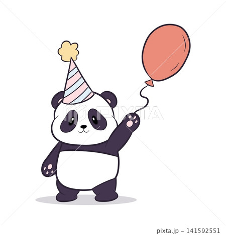 A vector illustration of a cute panda wearing a party hat and holding a balloon A vector illustration of a cute panda wearing a party hat and holding a balloon 141592551