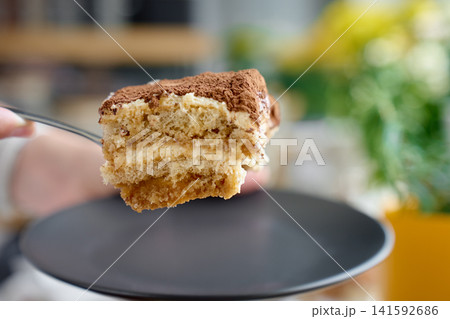 Tiramisu slice with cocoa topping and cream layers is held on fork above plate Tiramisu slice with cocoa topping and cream layers is held on fork above plate 141592686