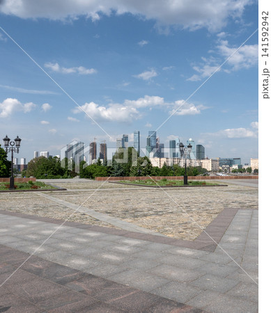 Panoramic view of Moscow urban landscape from Sparrow Hills with city buildings, skyline and clear sky Panoramic view of Moscow urban landscape from Sparrow Hills with city buildings, skyline and clear sky 141592942