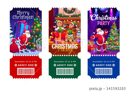 Christmas holiday party admit tickets, xmas festival pass. Cartoon vector template layout, barcode entrance voucher for December celebration event with Santa and elf characters, gifts and pine tree Christmas holiday party admit tickets, xmas festival pass. Cartoon vector template layout, barcode entrance voucher for December celebration event with Santa and elf characters, gifts and pine tree 141593283