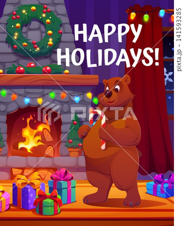 Winter holiday greeting card, funny bear character with candy cane and gifts near home fireplace, cartoon vector. Christmas and New Year greetings, fireplace with Xmas wreath and Santa gifts Winter holiday greeting card, funny bear character with candy cane and gifts near home fireplace, cartoon vector. Christmas and New Year greetings, fireplace with Xmas wreath and Santa gifts 141593285