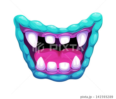 Cartoon monster mouth with sharp predator teeth and blue lips. Evil fangs frame open mouth revealing pink bumpy tongue and purple oral cavity. Vector Halloween monster grin for scary party Cartoon monster mouth with sharp predator teeth and blue lips. Evil fangs frame open mouth revealing pink bumpy tongue and purple oral cavity. Vector Halloween monster grin for scary party 141593289
