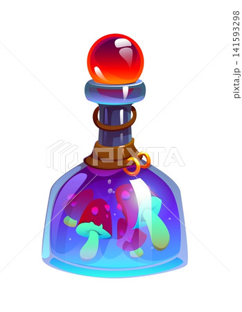 Cartoon magic witch potion bottle with purple liquid and mushroom inside. Wizard elixir flask featuring glass container, red stopper, colorful substance with toadstool. Vector blue potion for game 141593298