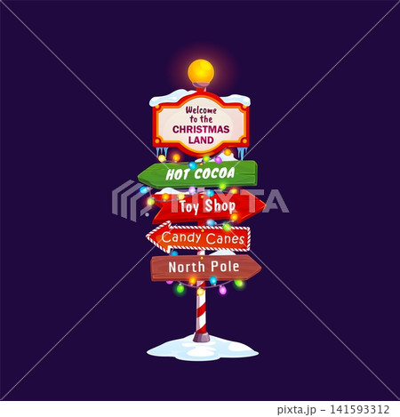 Cartoon Christmas North Pole sign. Vector Xmas signpost with glowing lights, holiday decoration, illuminated arrows and snow. Festive winter directions pointing to toy shop, hot cocoa and candy canes Cartoon Christmas North Pole sign. Vector Xmas signpost with glowing lights, holiday decoration, illuminated arrows and snow. Festive winter directions pointing to toy shop, hot cocoa and candy canes 141593312