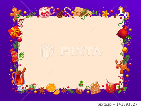 Christmas paper scroll parchment with decorations. Christmas season, merry Xmas holiday background with mulled wine, hot chocolate drink, gingerbread cookies and sweets, pine twigs and bauble toys 141593327