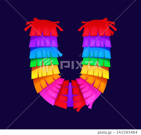 Pinata font or Mexican holiday festival cartoon letter typeface, vector ABC type. Mexican pinata English alphabet in shape of letter U with colorful paper tissue fringes for fiesta party or birthday Pinata font or Mexican holiday festival cartoon letter typeface, vector ABC type. Mexican pinata English alphabet in shape of letter U with colorful paper tissue fringes for fiesta party or birthday 141593464