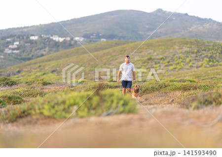 Man walking airedale terrier dog outdoors on hill Man walking airedale terrier dog outdoors on hill 141593490