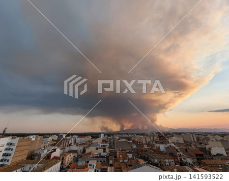 Wildfire producing massive smoke plume over almassora city 141593522