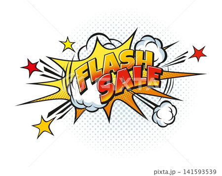 Flash sale comic pop art effect with speech bubble for business retail promotion banner. Flash sale pop art effect of cartoon comic speech bubble for shop discount promo or store special deal 141593539